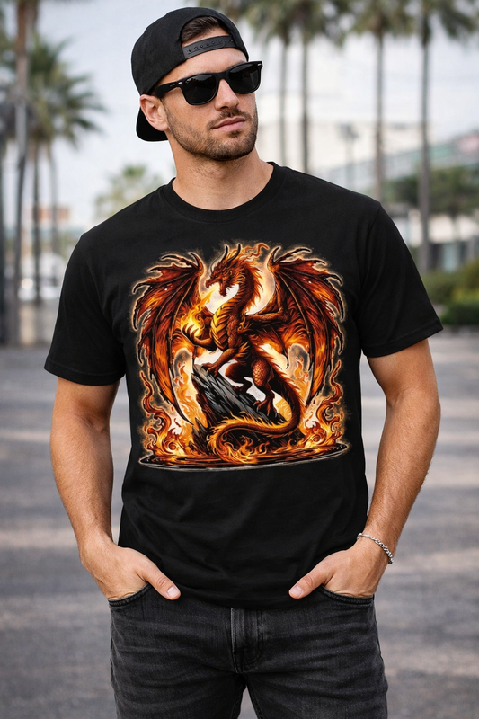 Fire Dragon Graphic T-Shirt – Fantasy Flame Dragon Tee, Streetwear Unisex Cotton Shirt
