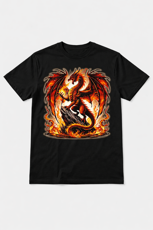 Fire Dragon Graphic T-Shirt – Fantasy Flame Dragon Tee, Streetwear Unisex Cotton Shirt